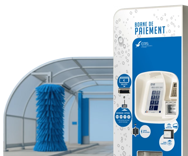 L'image montre une station de lavage automatique avec un distributeur de produits et un grand balai bleu.