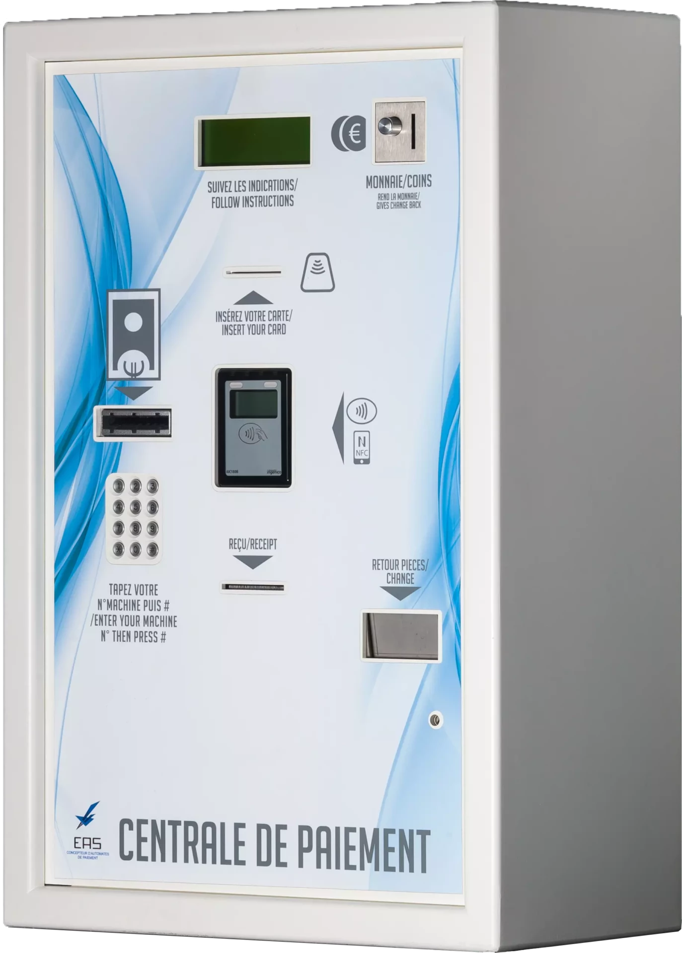 Machine de paiement avec options de carte et de monnaie, affichage numérique et boutons de commande.