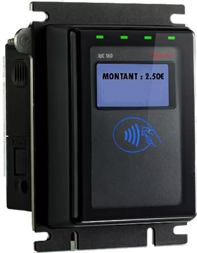 L'image montre un terminal de paiement noir avec un écran indiquant "MONTANT : 2.50€" et un symbole de paiement sans conta