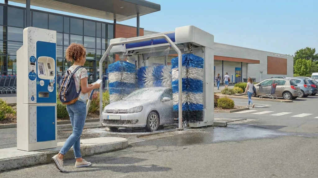 Station de lavage auto devant un magasin