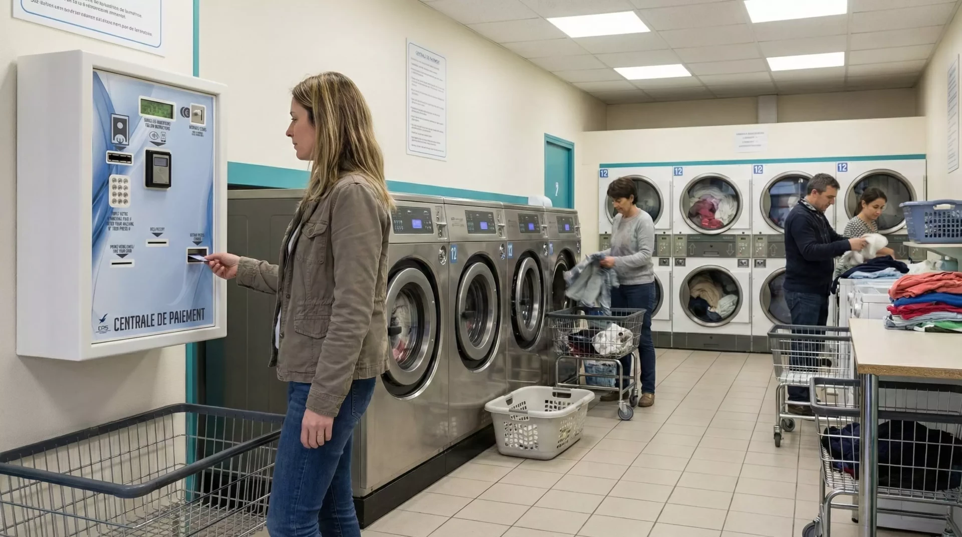 Femme utilisant une machine de paiement dans une laverie. À l'arrière-plan, des personnes utilisent des machines à laver e