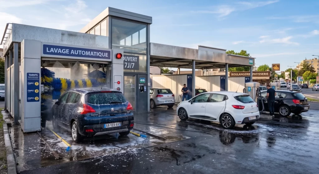 Carwash automatique ouvert 7j/7 : voiture en lavage sous jets d’eau avec panneaux tarifaires visibles.